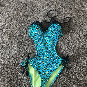 Blue leopard monokini bathing suit